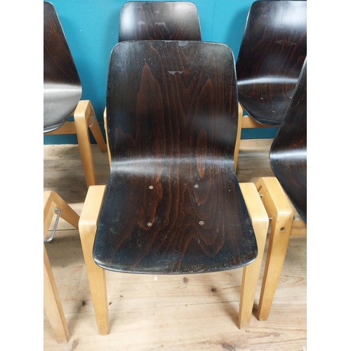 291 - Set of six mid century bentwood stackable chairs. {80 cm H x 56 cm W x 50 cm D}.