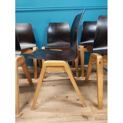 291 - Set of six mid century bentwood stackable chairs. {80 cm H x 56 cm W x 50 cm D}.