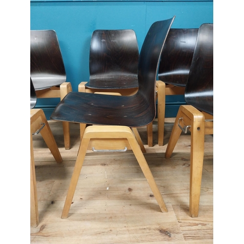 291 - Set of six mid century bentwood stackable chairs. {80 cm H x 56 cm W x 50 cm D}.