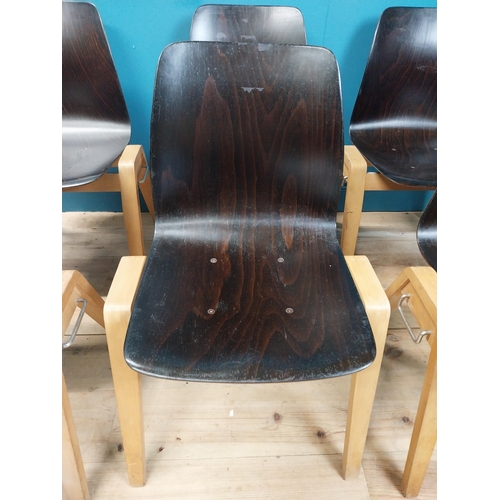 291 - Set of six mid century bentwood stackable chairs. {80 cm H x 56 cm W x 50 cm D}.