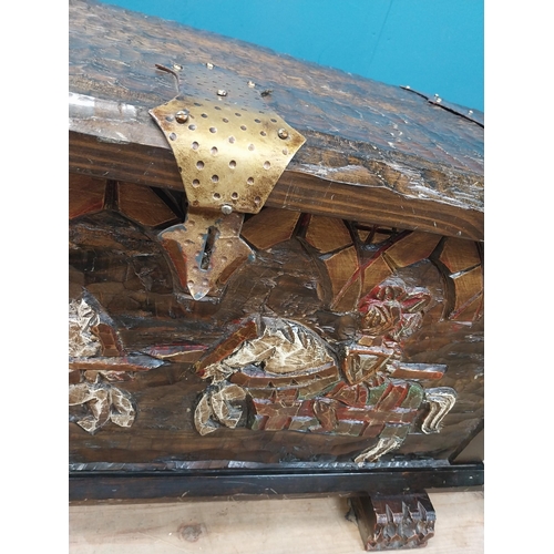 294 - Unusual carved and painted pine trunk with jousting horses and shield decoration in front and side p... 