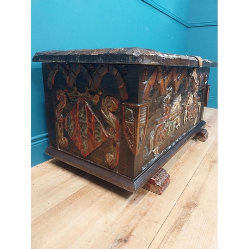 294 - Unusual carved and painted pine trunk with jousting horses and shield decoration in front and side p... 