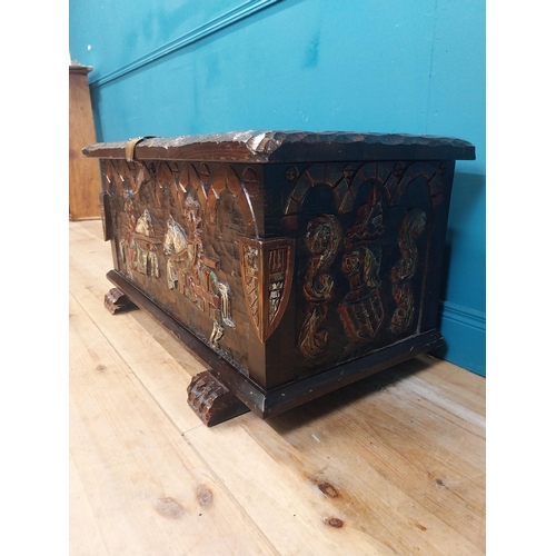 294 - Unusual carved and painted pine trunk with jousting horses and shield decoration in front and side p... 