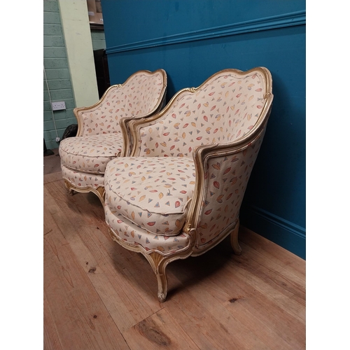 302 - Pair of early 20th C. French upholstered giltwood chairs raised on cabriole legs. {82 cm H x 65 cm W... 