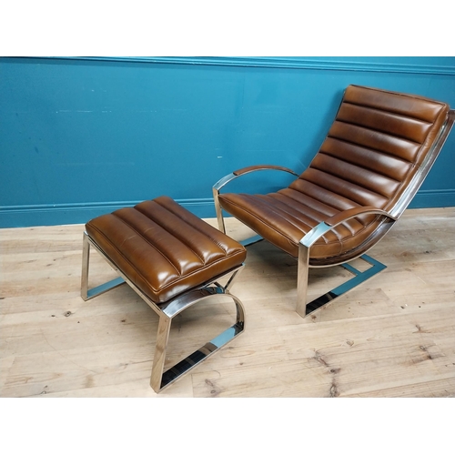 305 - Exceptional quality leather and chrome lounging armchair and matching footstool in the Art Deco styl... 