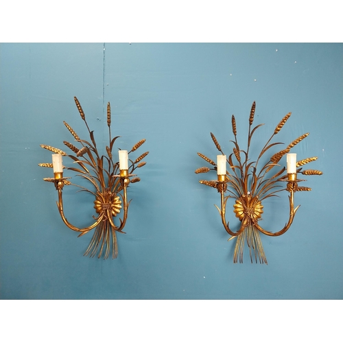 31 - Rare pair of gilded metal wheat sheaf two branch wall lights. {59 cm H x 38 cm W x 25 cm D}.