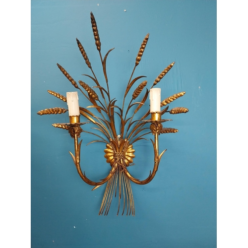 31 - Rare pair of gilded metal wheat sheaf two branch wall lights. {59 cm H x 38 cm W x 25 cm D}.