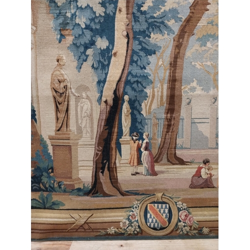 328 - 19th C. French tapestry depicting formal garden scene. {173 cm H x 172 cm W}.