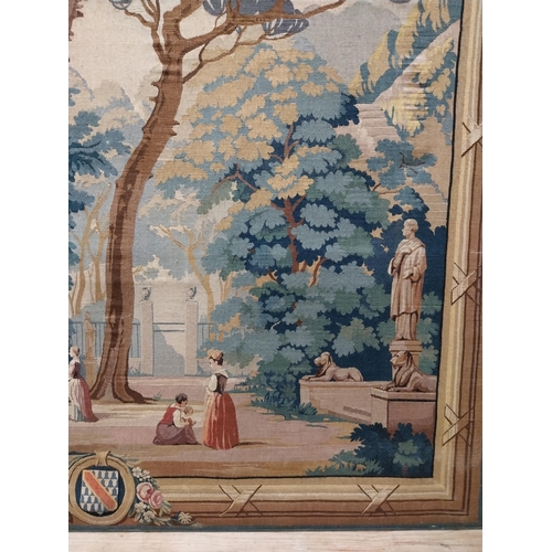 328 - 19th C. French tapestry depicting formal garden scene. {173 cm H x 172 cm W}.