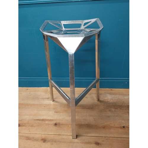 332 - Pair of designer chrome high stools. {84 cm H x 56 cm W X 53 cm D}.