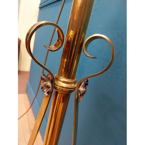 340 - Edwardian brass standard lamp with glass shade on tripod base. {160 cm H x 50 cm Dia.}.