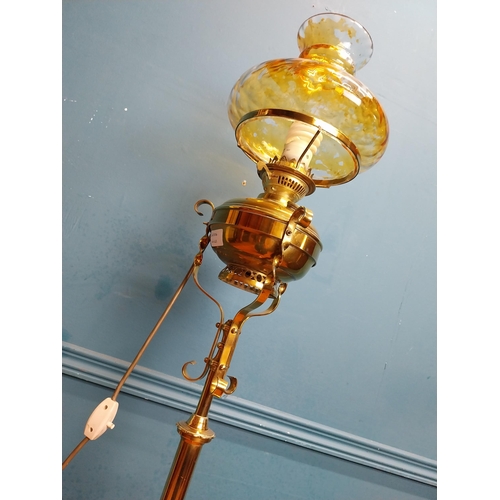 340 - Edwardian brass standard lamp with glass shade on tripod base. {160 cm H x 50 cm Dia.}.