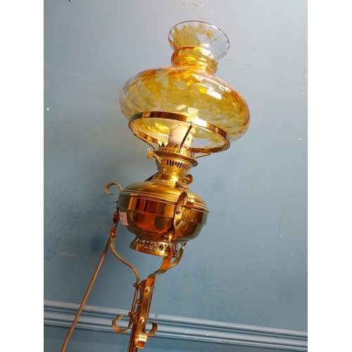 340 - Edwardian brass standard lamp with glass shade on tripod base. {160 cm H x 50 cm Dia.}.