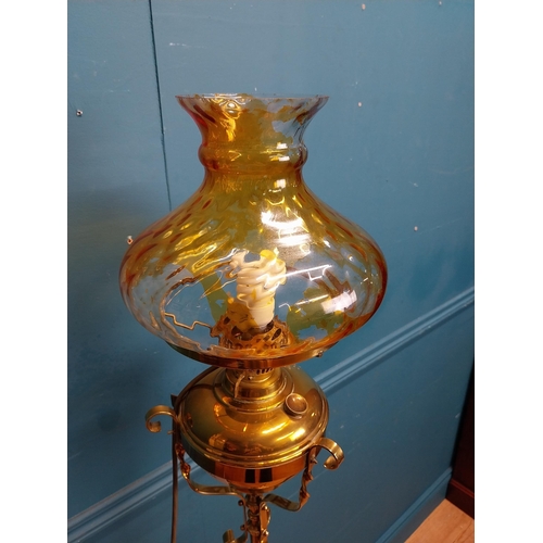 340 - Edwardian brass standard lamp with glass shade on tripod base. {160 cm H x 50 cm Dia.}.