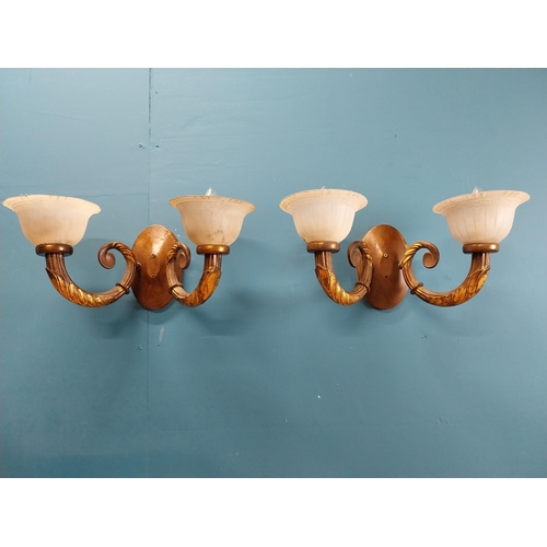 352 - Pair of good quality gilded bronze two branch wall lights with decorative shades. {21 cm H x 50 cm W... 