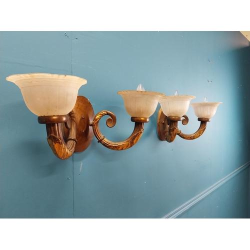 352 - Pair of good quality gilded bronze two branch wall lights with decorative shades. {21 cm H x 50 cm W... 