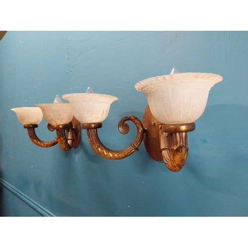 352 - Pair of good quality gilded bronze two branch wall lights with decorative shades. {21 cm H x 50 cm W... 