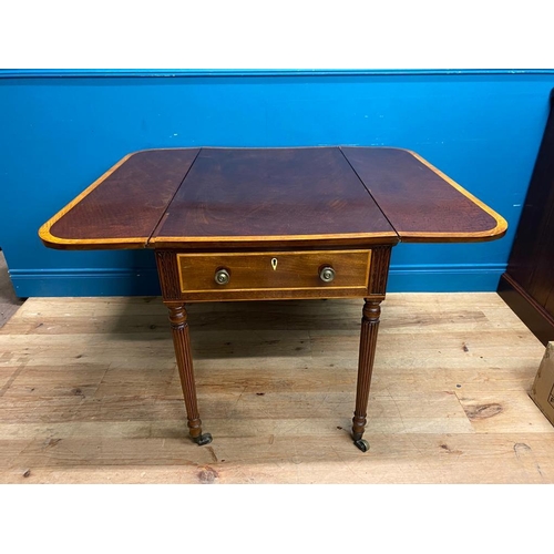 355 - Regency mahogany and satinwood drop leaf table. {72 cm H x 91 cm W x 60 cm D}.