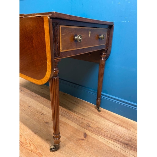 355 - Regency mahogany and satinwood drop leaf table. {72 cm H x 91 cm W x 60 cm D}.