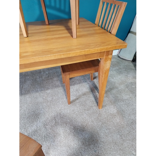 358 - Good quality oak kitchen table raised on square tapered legs with six matching chairs {Table 76 cm H... 