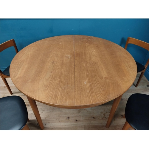 362 - Mid century teak dining table with pull out central leaf and four matching upholstered chairs. Table... 