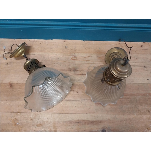 377 - Pair of early 20th C. holophane fluted glass shades with original brass galleries. {35 cm H x 25 cm ... 