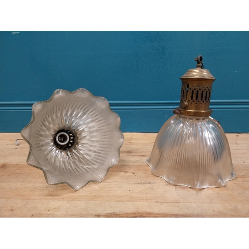 377 - Pair of early 20th C. holophane fluted glass shades with original brass galleries. {35 cm H x 25 cm ... 