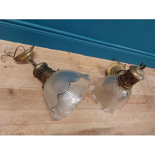 377 - Pair of early 20th C. holophane fluted glass shades with original brass galleries. {35 cm H x 25 cm ... 