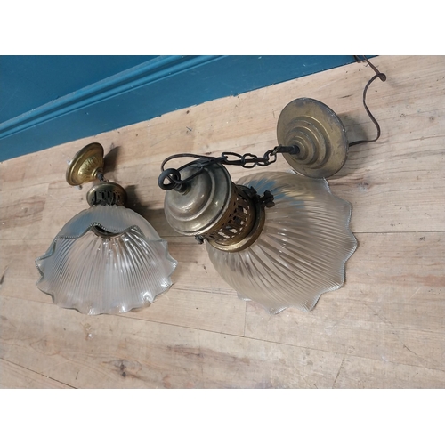 377 - Pair of early 20th C. holophane fluted glass shades with original brass galleries. {35 cm H x 25 cm ... 