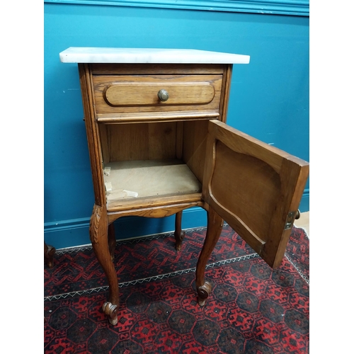 380 - Pair of 19th C. oak bedside lockers with marble tops. {84 cm H x 41 cm W x 41 cm D}.