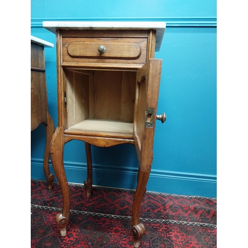 380 - Pair of 19th C. oak bedside lockers with marble tops. {84 cm H x 41 cm W x 41 cm D}.