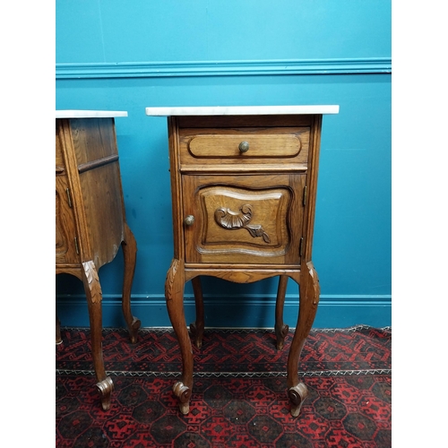 380 - Pair of 19th C. oak bedside lockers with marble tops. {84 cm H x 41 cm W x 41 cm D}.