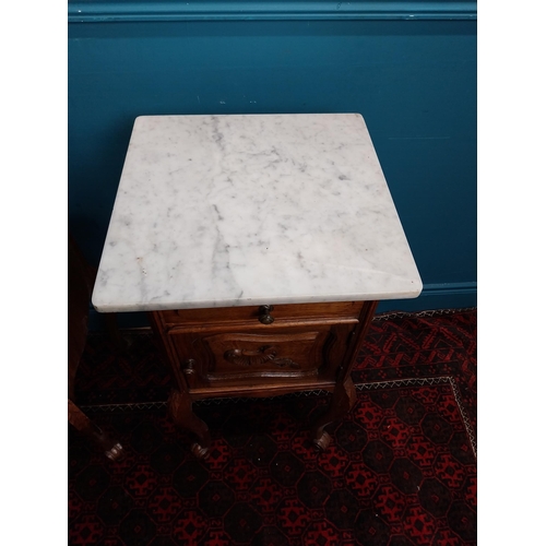 380 - Pair of 19th C. oak bedside lockers with marble tops. {84 cm H x 41 cm W x 41 cm D}.