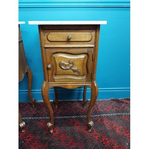 380 - Pair of 19th C. oak bedside lockers with marble tops. {84 cm H x 41 cm W x 41 cm D}.