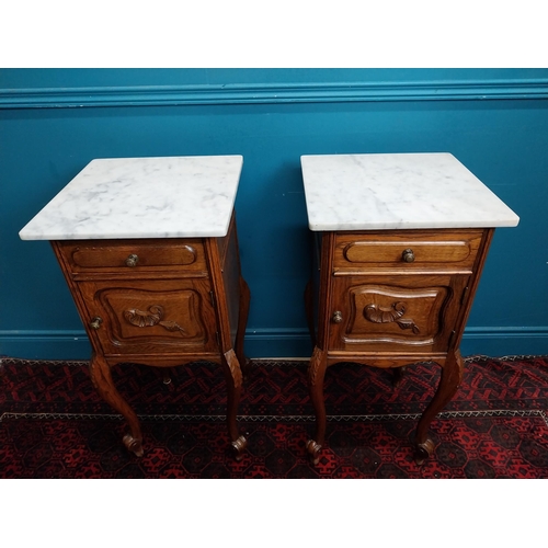 380 - Pair of 19th C. oak bedside lockers with marble tops. {84 cm H x 41 cm W x 41 cm D}.