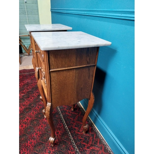 380 - Pair of 19th C. oak bedside lockers with marble tops. {84 cm H x 41 cm W x 41 cm D}.