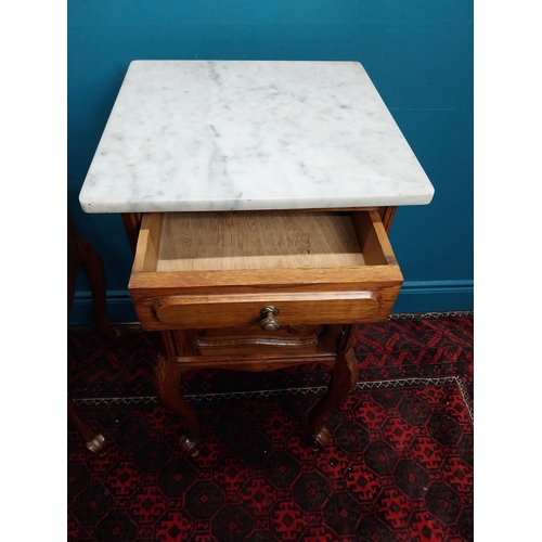 380 - Pair of 19th C. oak bedside lockers with marble tops. {84 cm H x 41 cm W x 41 cm D}.