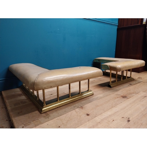 381 - Edwardian brass and upholstered club fender in two parts. {30 cm H x 140 cm W x 86 cm D}.