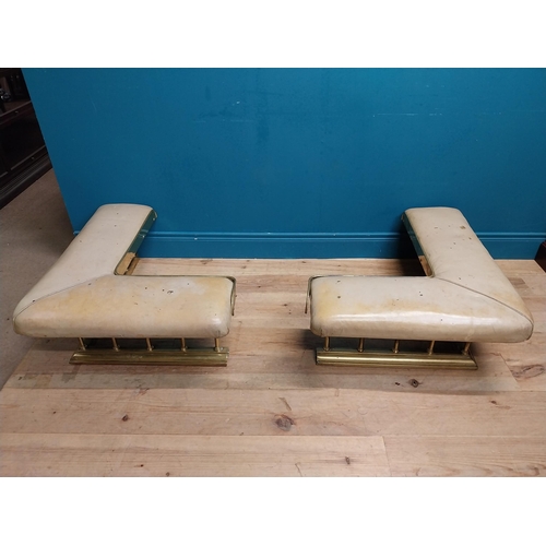 381 - Edwardian brass and upholstered club fender in two parts. {30 cm H x 140 cm W x 86 cm D}.