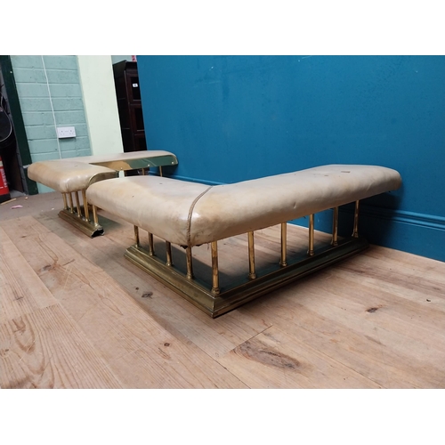 381 - Edwardian brass and upholstered club fender in two parts. {30 cm H x 140 cm W x 86 cm D}.