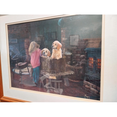 385 - Framed coloured print  The Puppies. {48 cm H x 58 cm W}