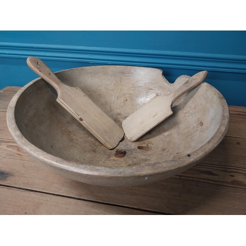 388 - 19th C. pine butter bowl with two pats. {13 cm H x 39 cm Dia>}.