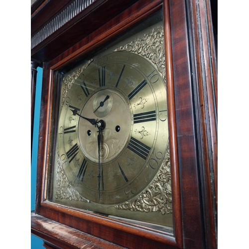 393 - 19th C. oak and mahogany Grandfather clock with Dublin brass dial. {200 cm H x 53 cm W x 27 cm D}.