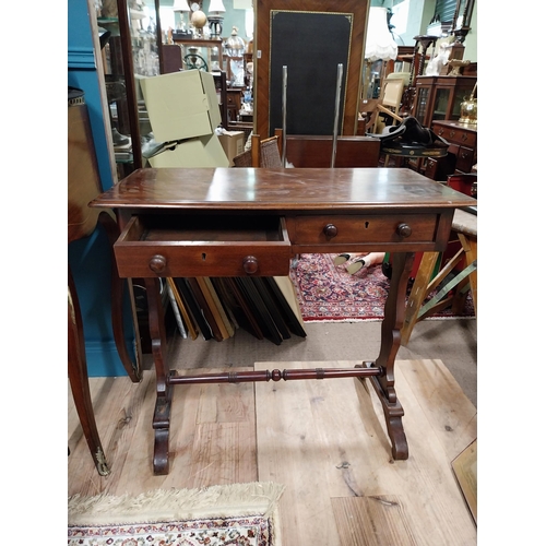 396 - Victorian mahogany side table with two drawers in frieze on turned stretcher.{73 cm H x 79 cm W  x 3... 