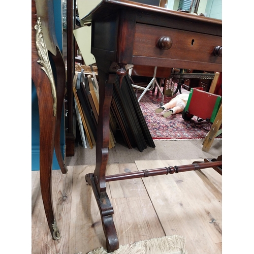 396 - Victorian mahogany side table with two drawers in frieze on turned stretcher.{73 cm H x 79 cm W  x 3... 