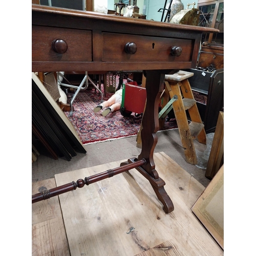 396 - Victorian mahogany side table with two drawers in frieze on turned stretcher.{73 cm H x 79 cm W  x 3... 