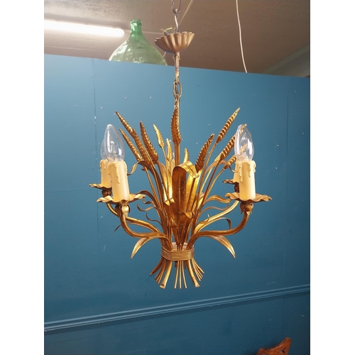 402 - Good quality gilded metal five branch wheat sheaf chandelier. {56 cm H x 42 cm Dia.}.