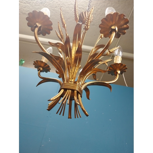 402 - Good quality gilded metal five branch wheat sheaf chandelier. {56 cm H x 42 cm Dia.}.