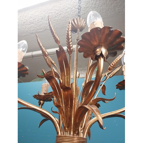 402 - Good quality gilded metal five branch wheat sheaf chandelier. {56 cm H x 42 cm Dia.}.