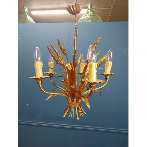 402 - Good quality gilded metal five branch wheat sheaf chandelier. {56 cm H x 42 cm Dia.}.